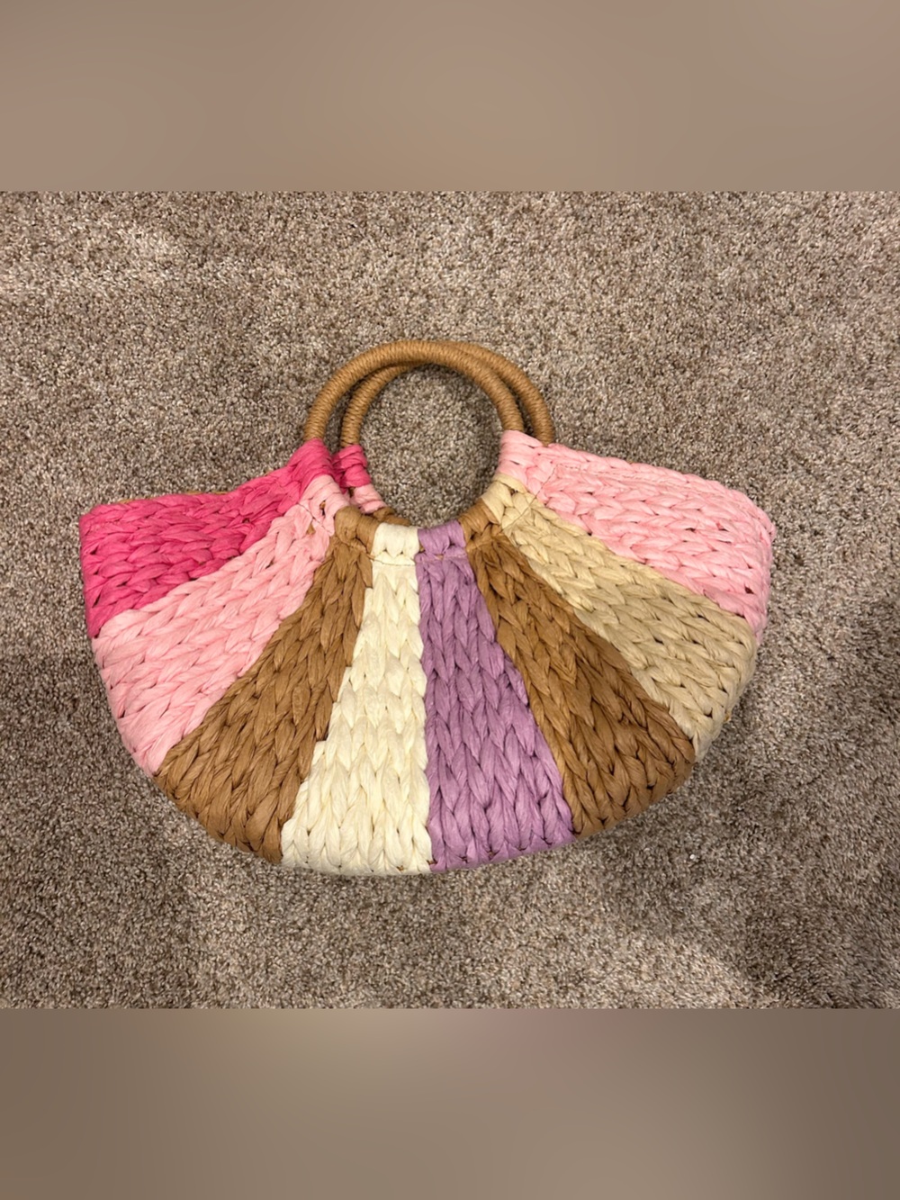 Handwoven Multicolor Straw Tote - Pink, Purple, Cream & Brown - Picture 2 of 4